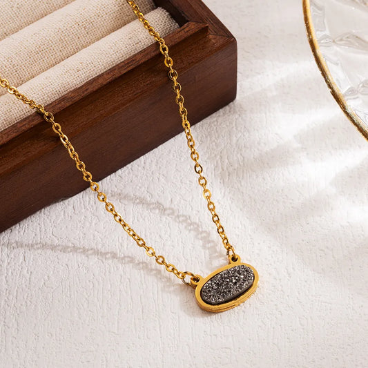 Glittered Oval Stainless Steel Natural Stone 18K Gold Plated Pendant Necklace
