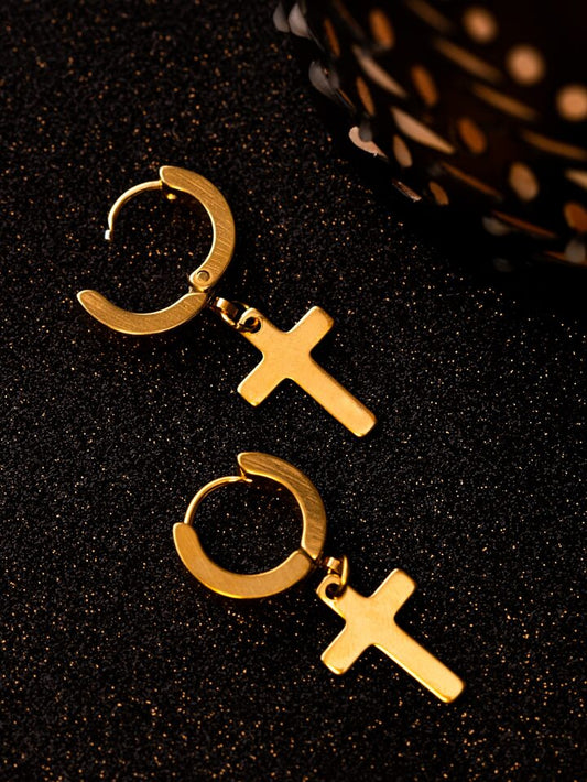 Cross Round Plating Stainless Steel 18K Gold Plated Earrings