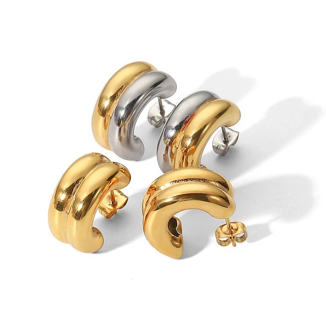 Golden & Silvery Color Chunky Hoop Earrings Elegant Minimalist Style Stainless Steel Jewelry