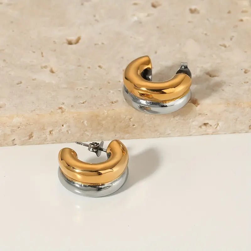 Golden & Silvery Color Chunky Hoop Earrings Elegant Minimalist Style Stainless Steel Jewelry