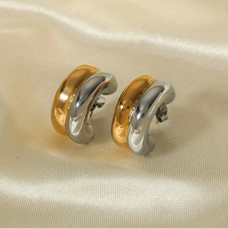 Golden & Silvery Color Chunky Hoop Earrings Elegant Minimalist Style Stainless Steel Jewelry