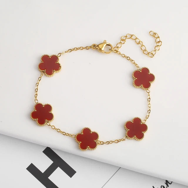 Double Sided Five Leaf Flower Plum Blossom Adjustable Bracelet Waterproof High Quality Stainless Steel Clover