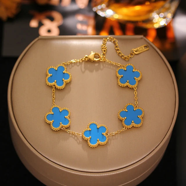 Double Sided Five Leaf Flower Plum Blossom Adjustable Bracelet Waterproof High Quality Stainless Steel Clover
