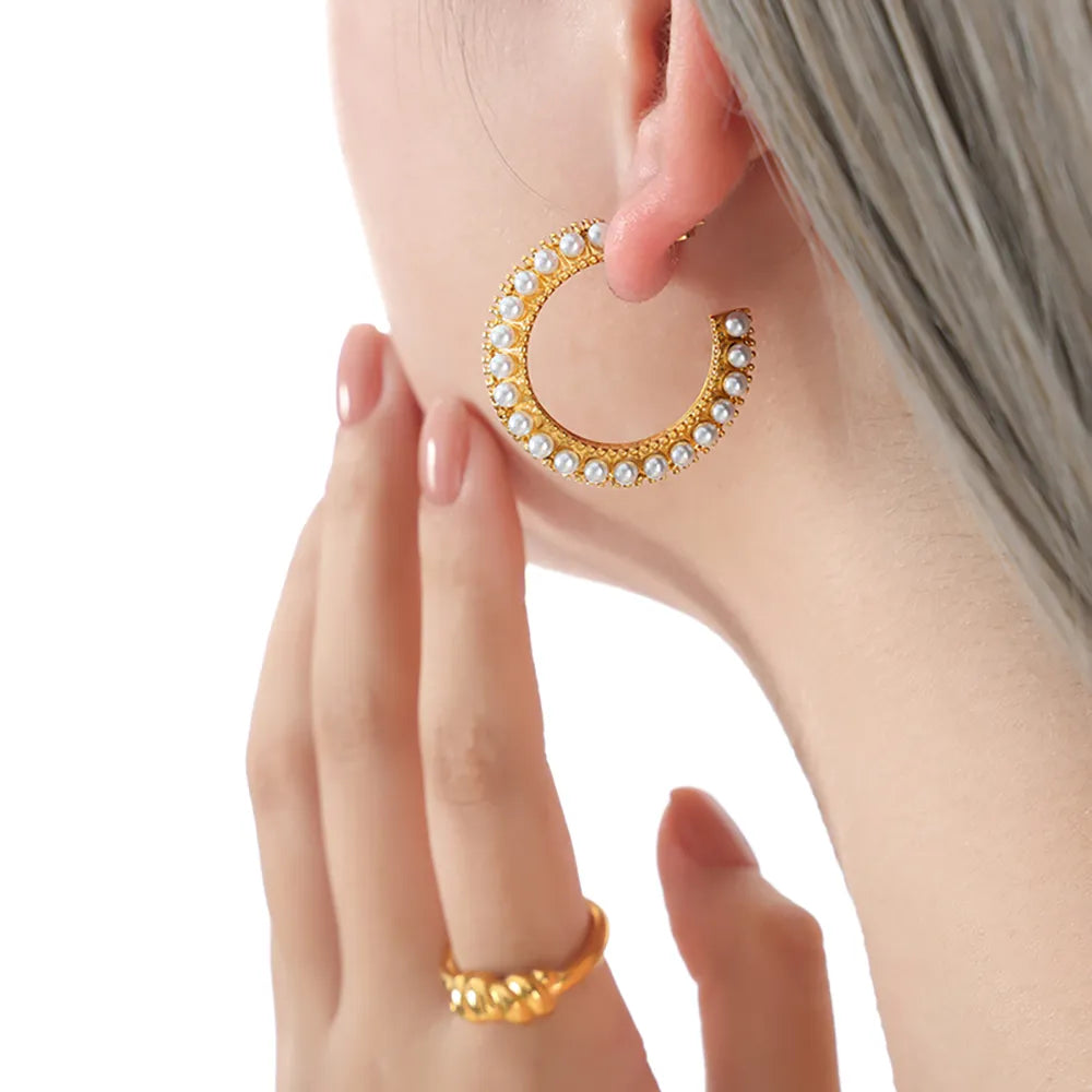 Geometric Plating Inlay Titanium Steel Artificial Pearls 18K Gold Plated Ear Studs