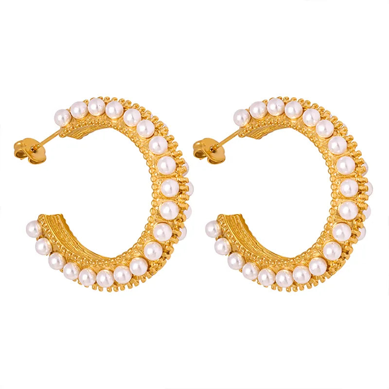 Geometric Plating Inlay Titanium Steel Artificial Pearls 18K Gold Plated Ear Studs