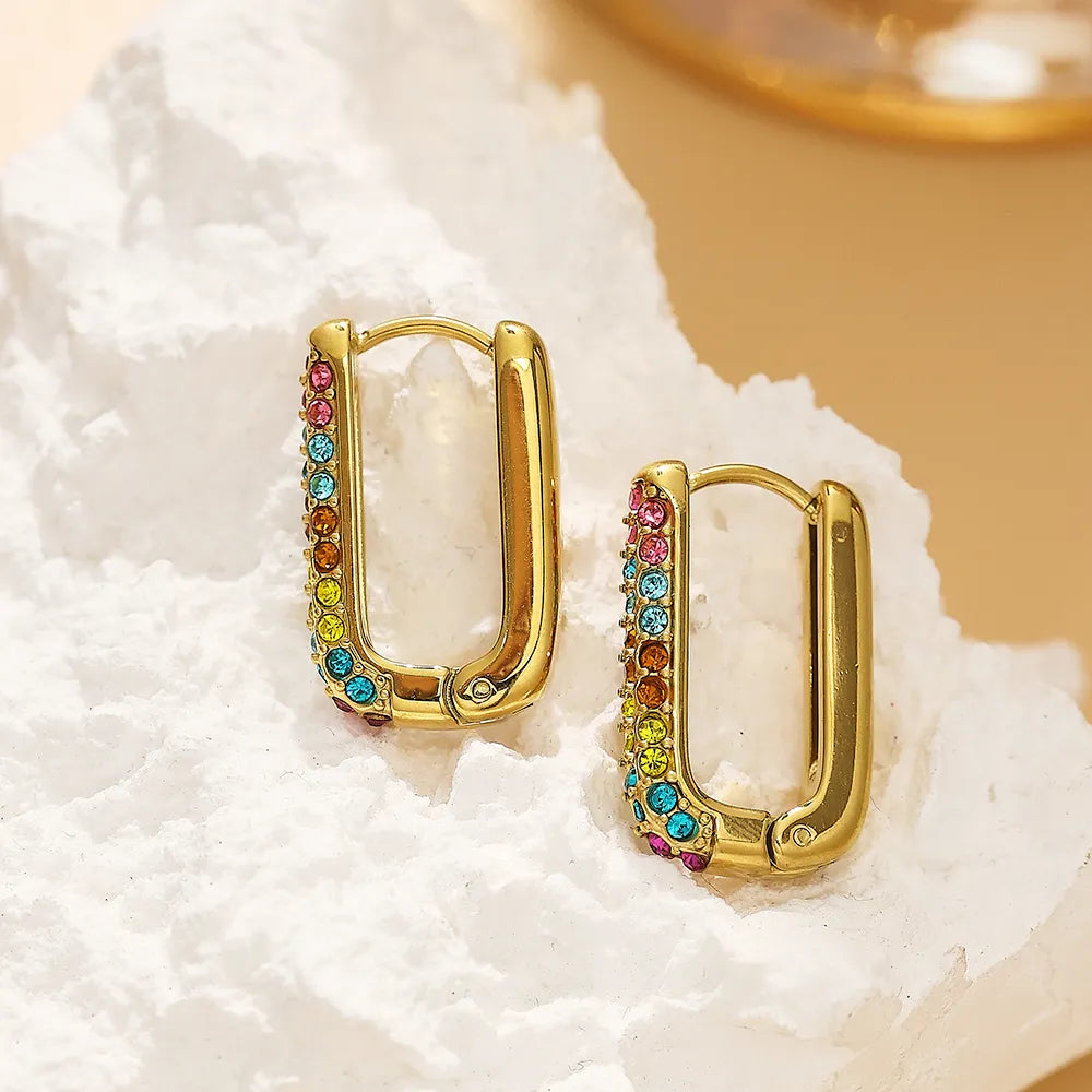 Colorful U Shape Inlay 304 Stainless Steel Titanium Steel Zircon 18K Gold Plated Earring