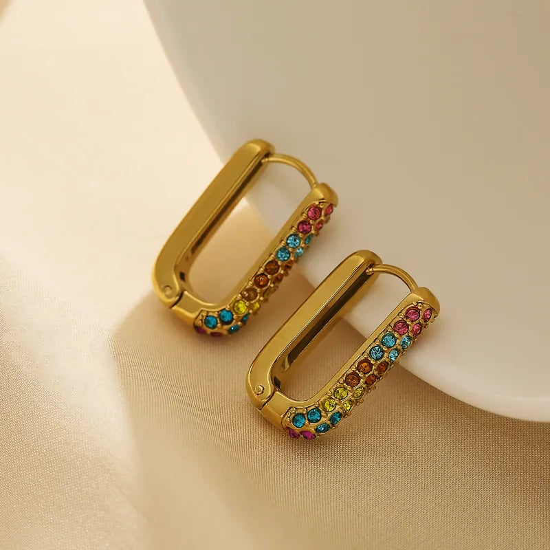 Colorful U Shape Inlay 304 Stainless Steel Titanium Steel Zircon 18K Gold Plated Earring