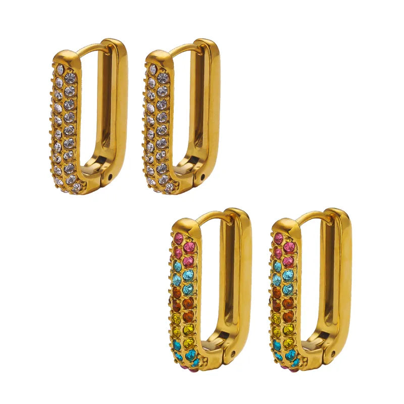 Colorful U Shape Inlay 304 Stainless Steel Titanium Steel Zircon 18K Gold Plated Earring