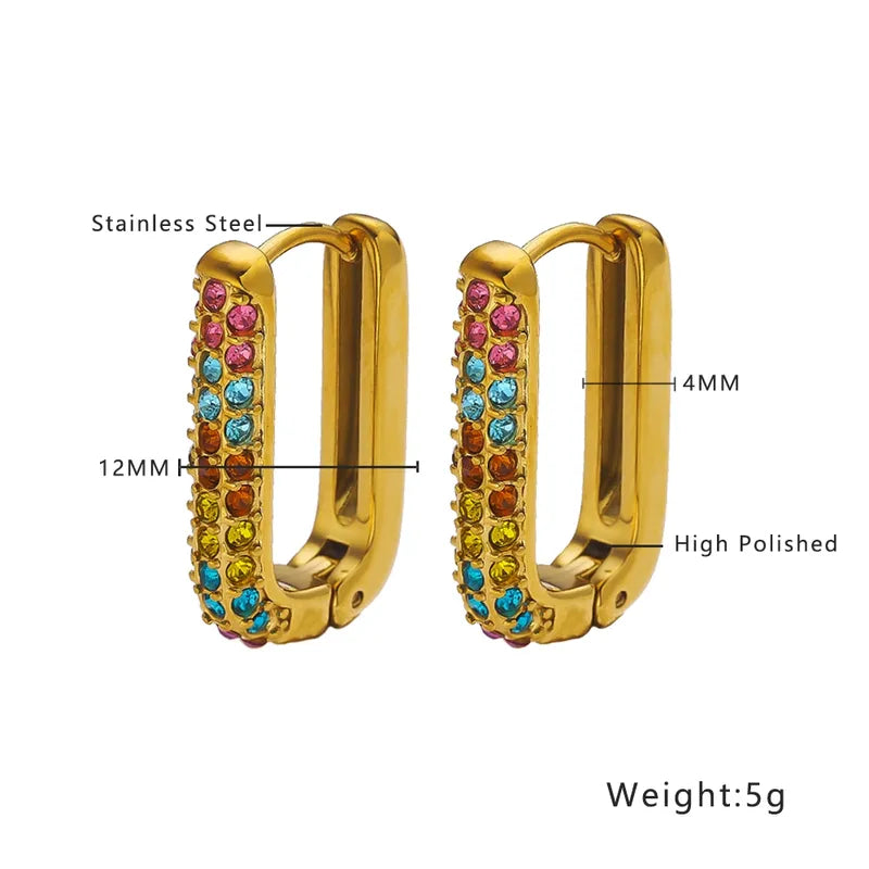 Colorful U Shape Inlay 304 Stainless Steel Titanium Steel Zircon 18K Gold Plated Earring