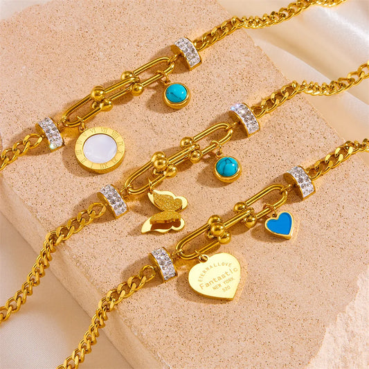Elegant Simple Style Round Heart Shape Butterfly Titanium Steel Plating Inlay Turquoise Rhinestones Shell Bracelets
