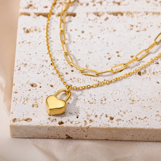 Heart Shape 304 Stainless Steel 18K Gold Plated Chain Double Layer Necklaces