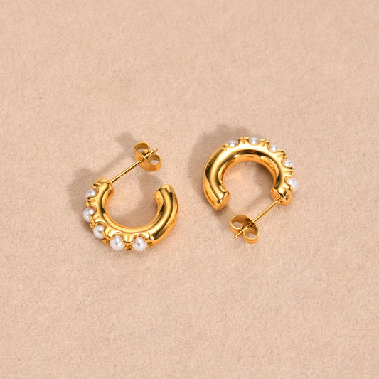 IG Style C Shape Inlay 304 Stainless Steel Artificial Pearls 18K Gold Plated Ear Studs