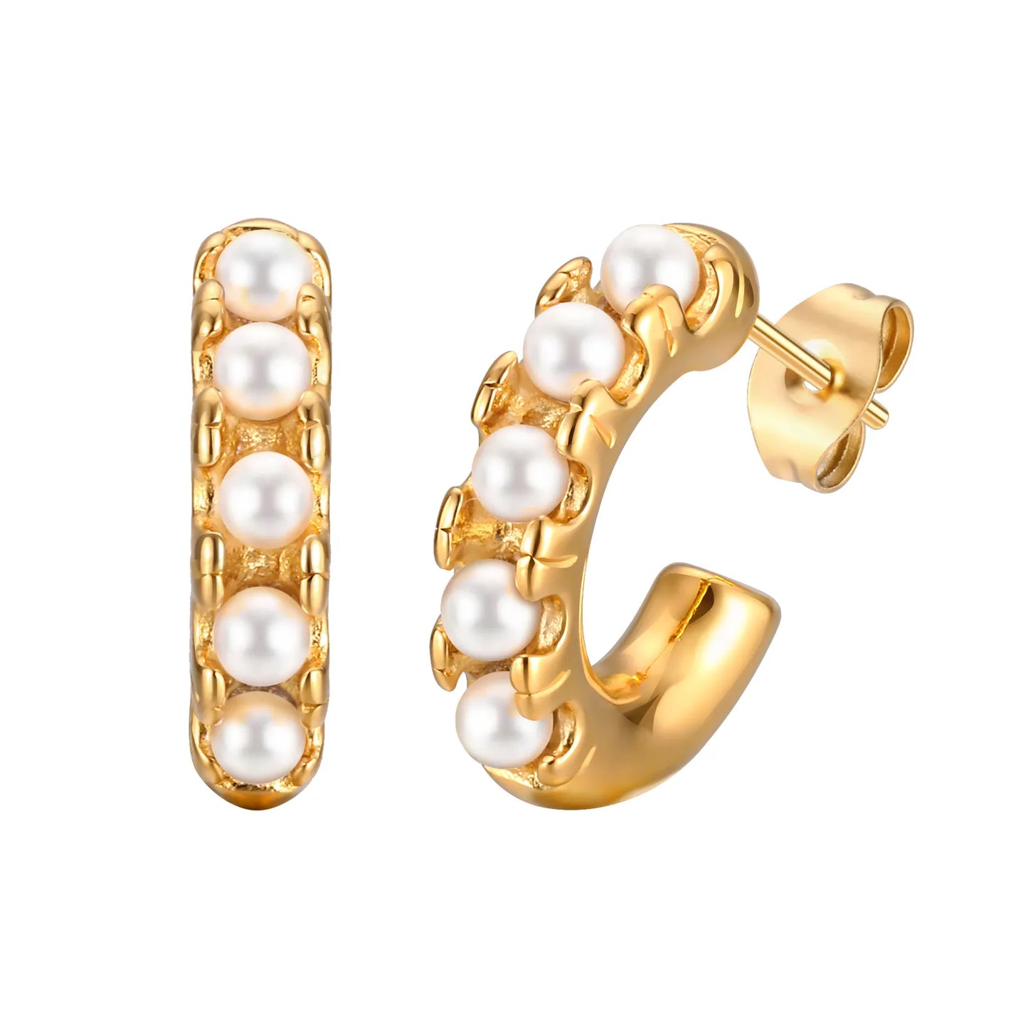 IG Style C Shape Inlay 304 Stainless Steel Artificial Pearls 18K Gold Plated Ear Studs