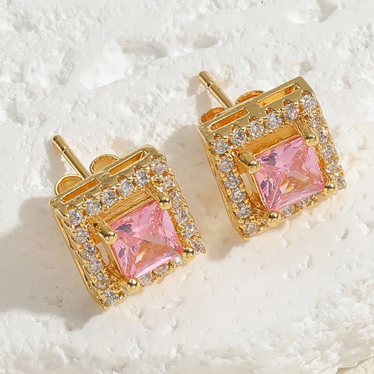 Pink Vintage Style Simple Style Square Plating Inlay Brass Zircon 14K Gold Plated Ear Studs