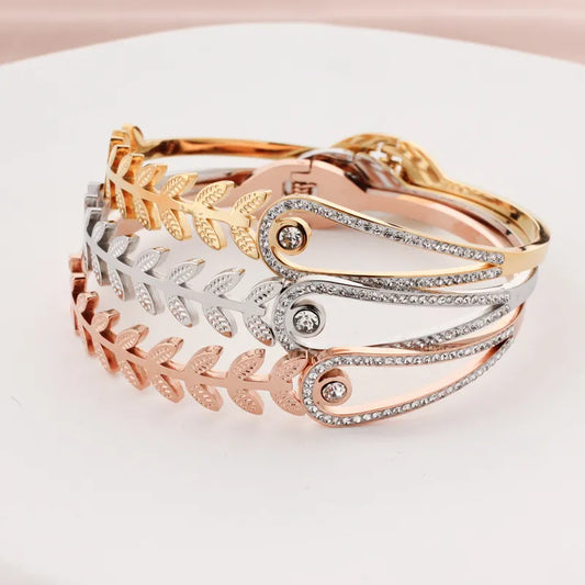 Stainless Steel 18K Gold Plated Rose Gold Plated Casual Simple Style Leaves Plant Inlay Zircon Bangle