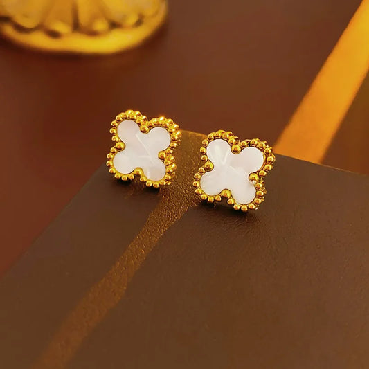 304 Stainless Steel 18K Gold Plated Elegant Glam Inlay Four Leaf Clover Acrylic Shell Earring