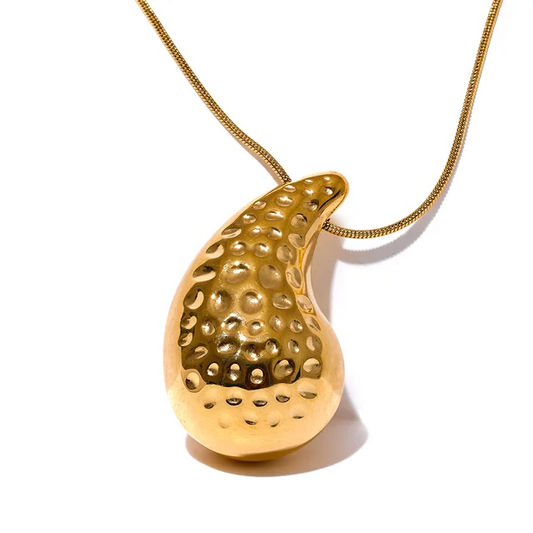 Vintage Hammer Stainless Steel Water Drop Pendant Necklace for Women Gold Color Texture