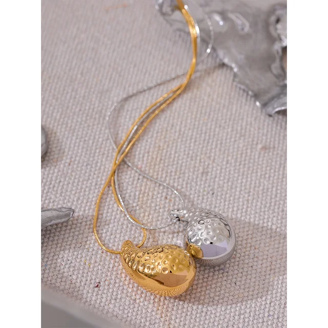 Vintage Hammer Stainless Steel Water Drop Pendant Necklace for Women Gold Color Texture