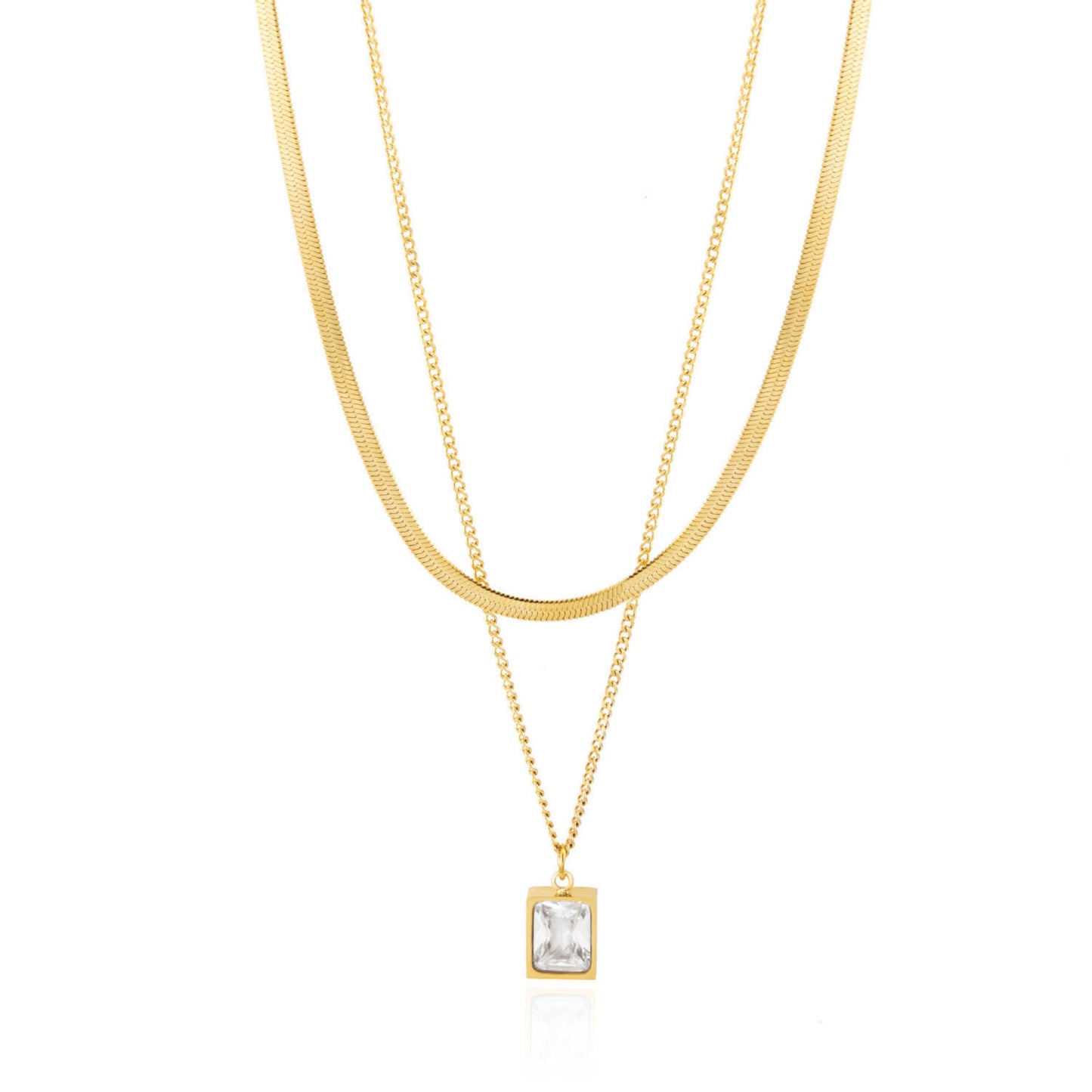 304 Stainless Steel 18K Gold Plated Simple Style Commute Plating Inlay Rectangle Artificial Rhinestones Layered Necklace