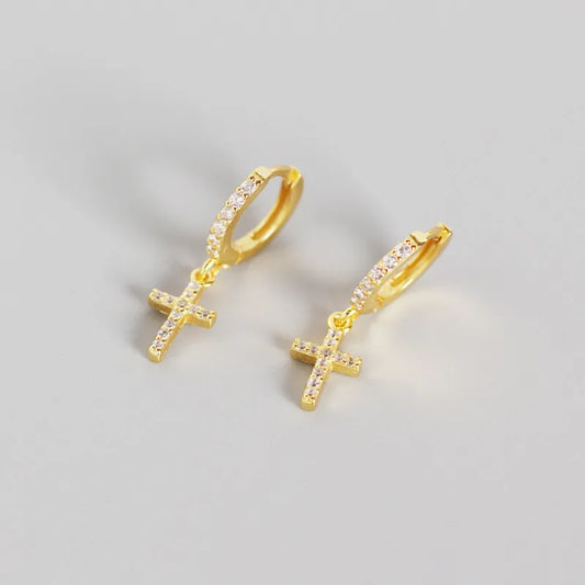 Genuine S925 and 18K Gold Plated Hoop Cross  Diamond Gem Earrings