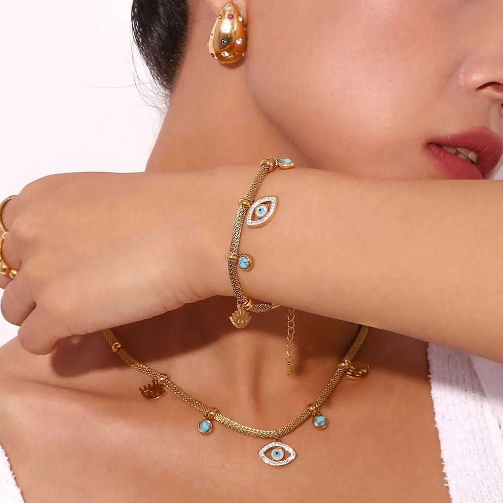 Evil Eye 304 Stainless Steel Zircon 18K Gold Plated Plating Inlay Bracelets Necklace