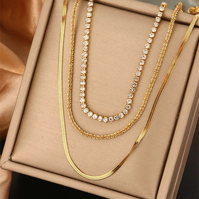 304 Stainless Steel  Rhinestones  18K Gold Plated Plating Inlay Layered Necklaces