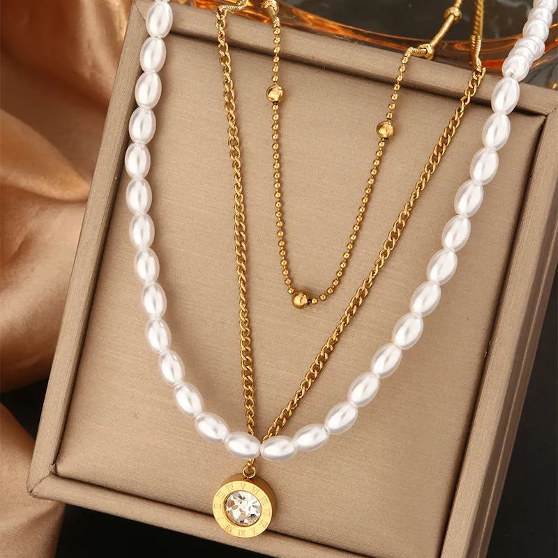 Beaded Pearls Roman Numerals 18K Gold Plated and 304 Stainless Steel Layered Necklace