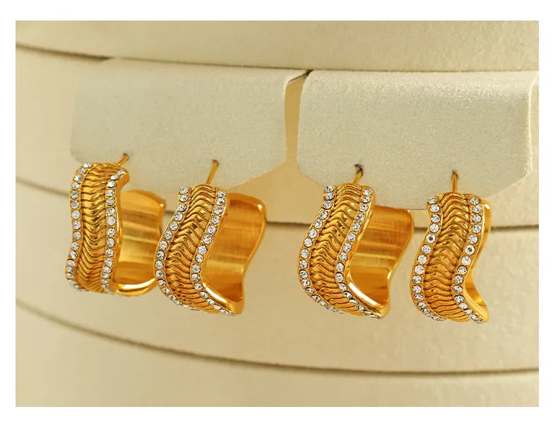 Cool Style Irregular 304 Stainless Steel Rhinestones 18K Gold Plated Polishing Inlay Rings Earrings