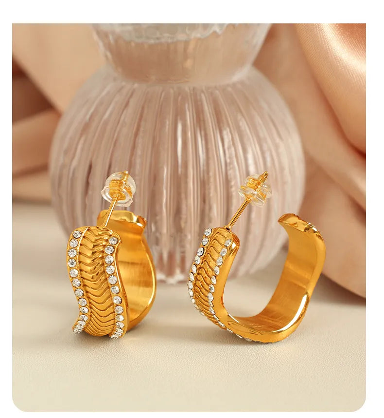 Cool Style Irregular 304 Stainless Steel Rhinestones 18K Gold Plated Polishing Inlay Rings Earrings