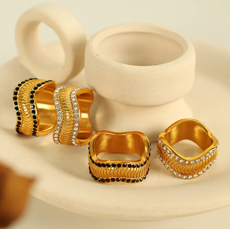 Cool Style Irregular 304 Stainless Steel Rhinestones 18K Gold Plated Polishing Inlay Rings Earrings