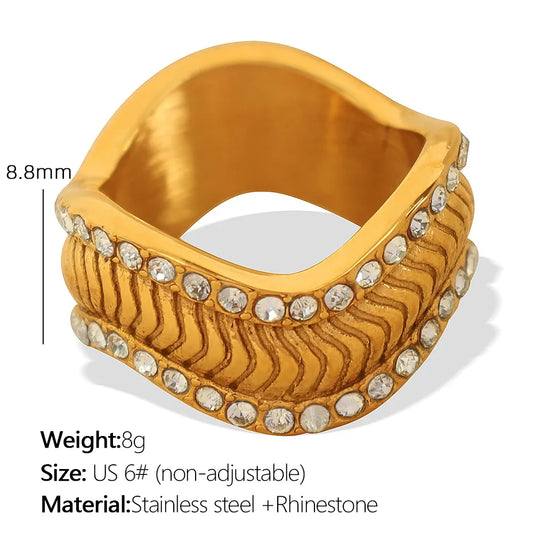 Cool Style Irregular 304 Stainless Steel Rhinestones 18K Gold Plated Polishing Ring