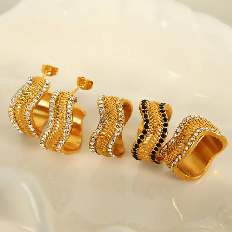 Cool Style Irregular 304 Stainless Steel Rhinestones 18K Gold Plated Polishing Inlay Rings Earrings