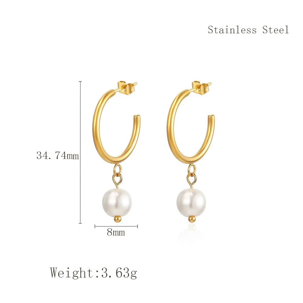 Hoop Pearl Knot Inlay 304 Stainless Steel Rhinestones  18K Gold Plated Drop Earrings