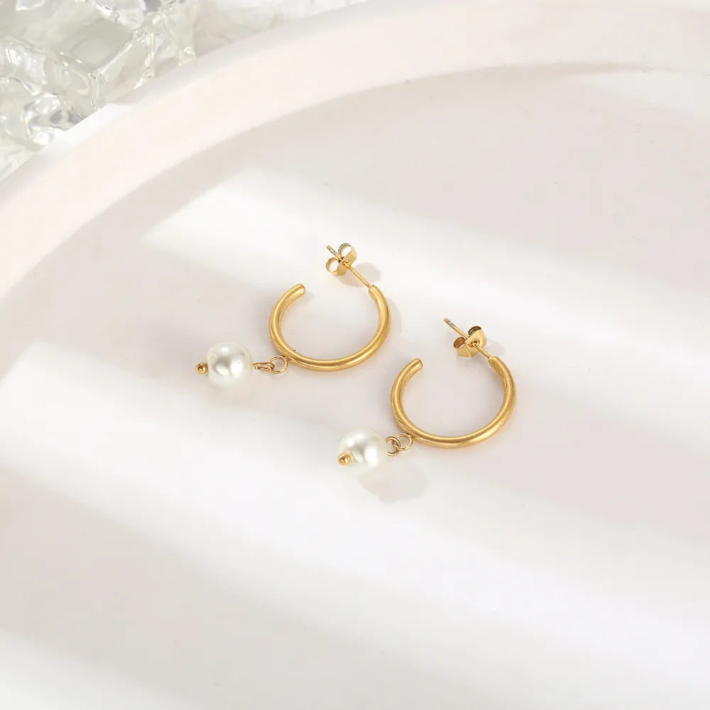 Hoop Pearl Knot Inlay 304 Stainless Steel Rhinestones  18K Gold Plated Drop Earrings