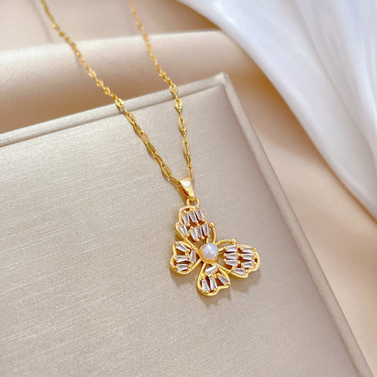 Butterfly Stainless Steel Copper Plating Inlay Artificial Pearls Zircon Pendant Necklace