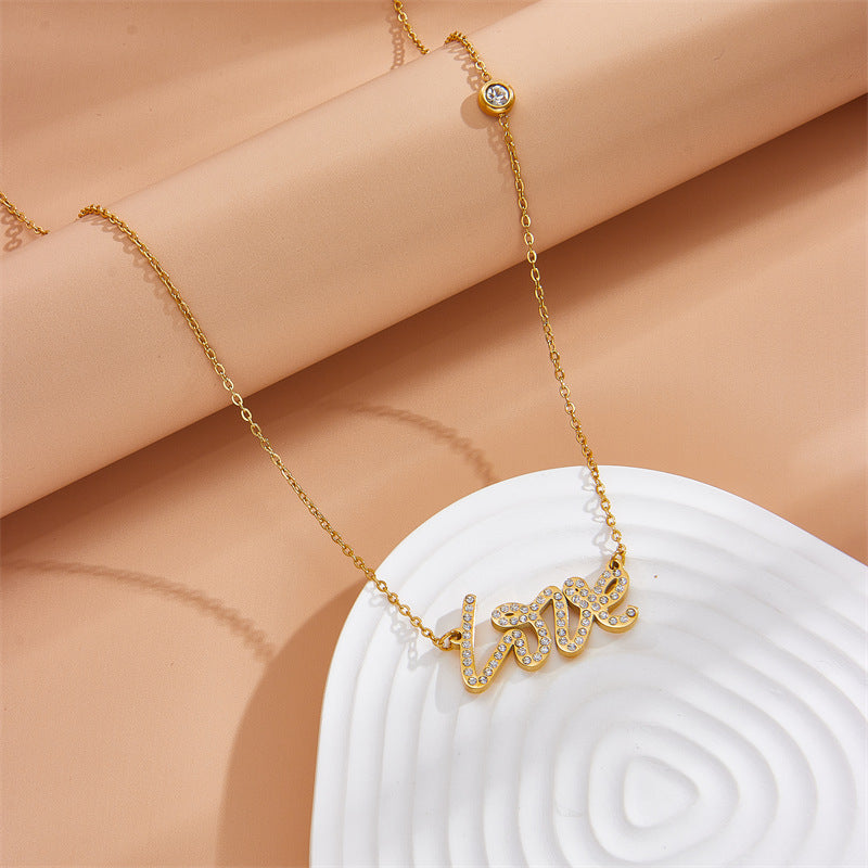 Titanium Steel 18K Gold Plated IG Style Letter Inlay Rhinestones Necklace