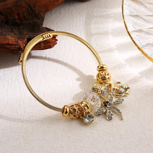 Dragonfly Butterfly Stainless Steel Alloy Beaded Inlay Rhinestones Bangle