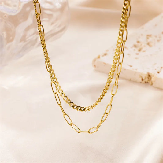 Cute Solid Color Stainless Steel Beaded Plating 18K Gold Plated Double Layer Necklaces