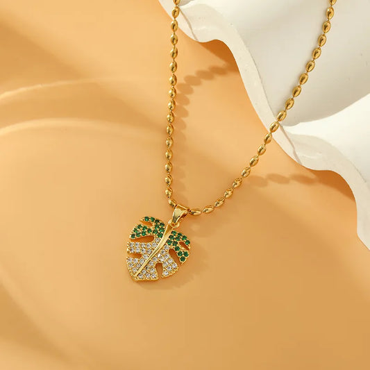 Palm Stainless Steel Copper 18K Gold Plated Simple Style Inlay Plating Leaves Zircon Pendant Necklace