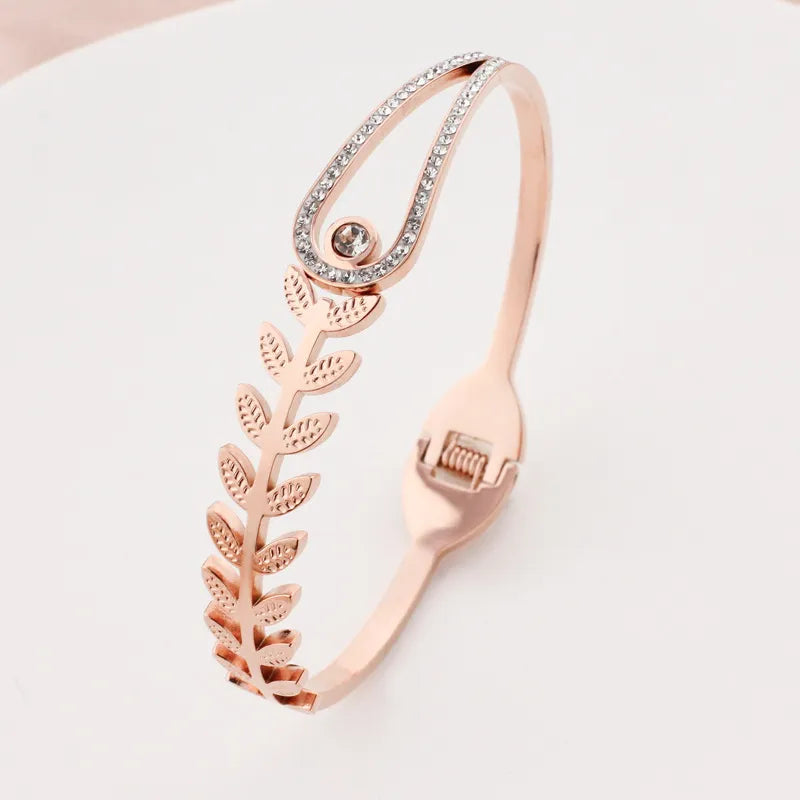 Stainless Steel 18K Gold Plated Rose Gold Plated Casual Simple Style Leaves Plant Inlay Zircon Bangle