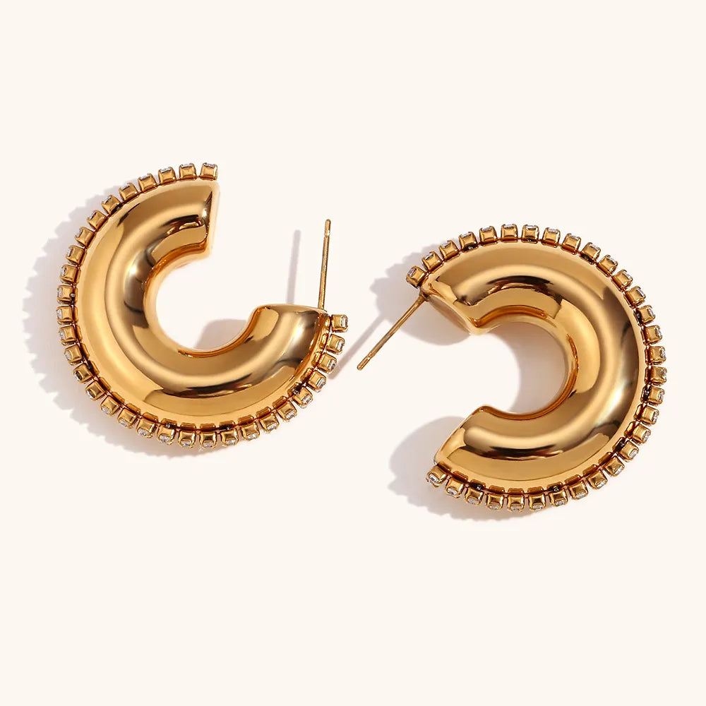 Basic Retro C-shaped Plated Stainless Steel Zircon 18K Gold Plated. EARRINGS
