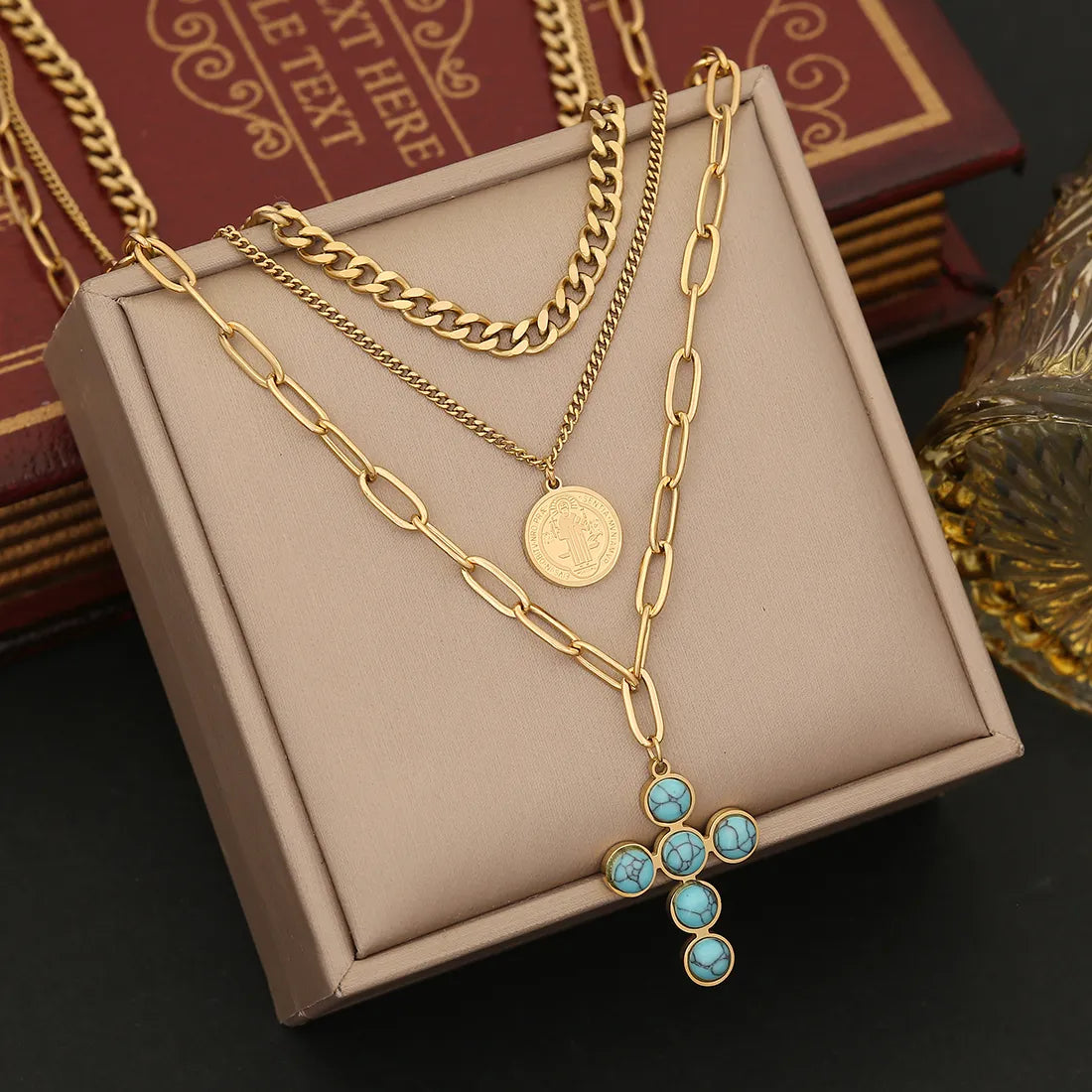 Vintage Style Cross Stainless Steel Plating Inlay Turquoise Necklace ONLY