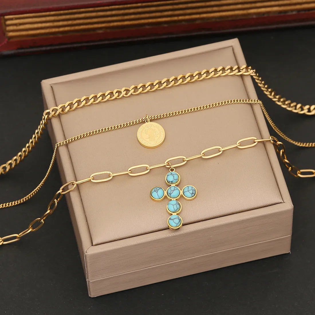 Vintage Style Cross Stainless Steel Plating Inlay Turquoise Necklace ONLY