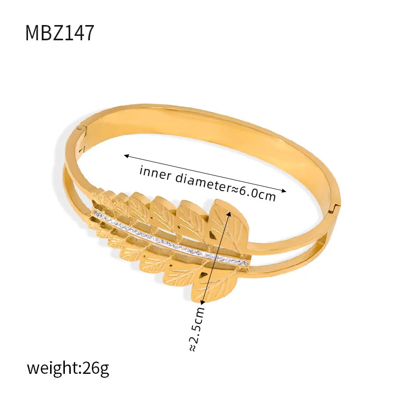 Titanium Steel 18K Gold Plated Casual Elegant Simple Style Leaves Solid Color Layered Inlay Rhinestones Bangle