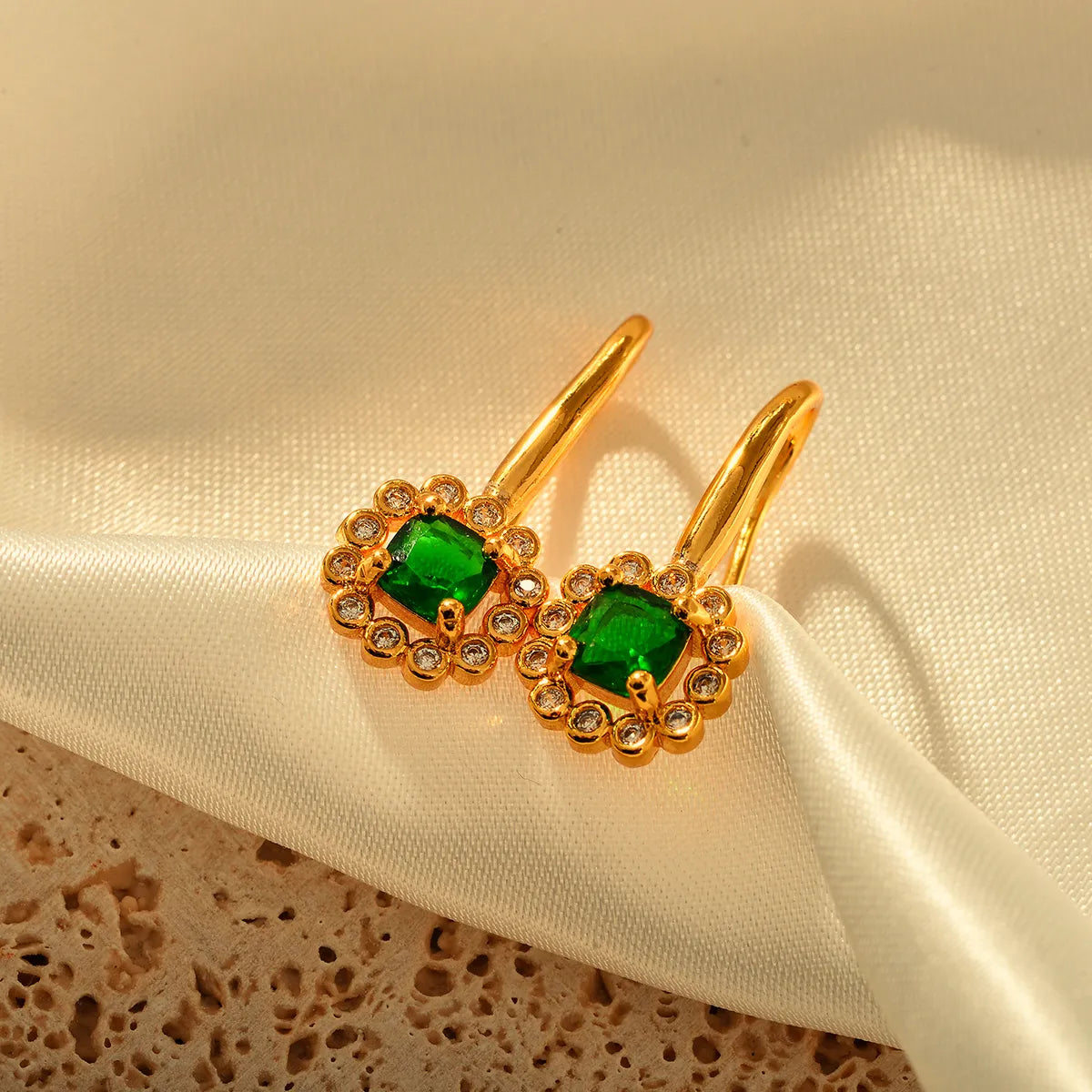 Round Inlay Copper Zircon 18K Gold Plated Drop Earrings