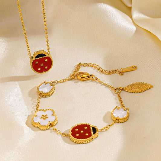 Stainless Steel 18K Gold Plated Simple Style Lady Bug Clover Inlay Shell Bracelets Necklace