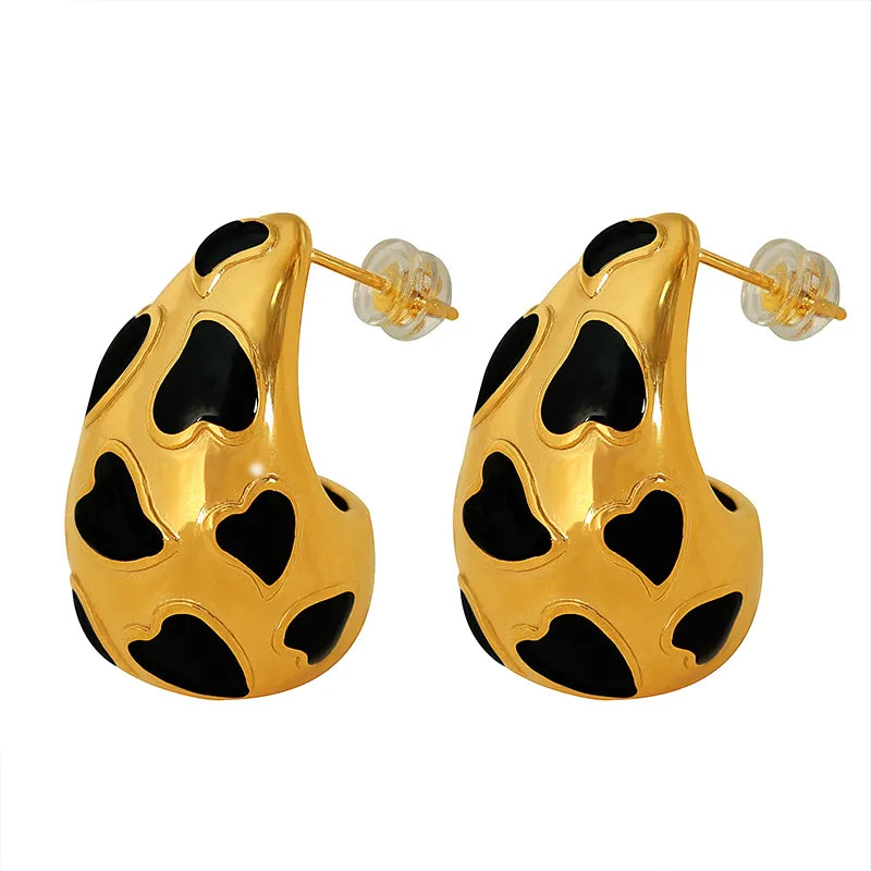 Water Droplets Heart Shape Epoxy Titanium Steel 18k Gold Plated Ear Stud