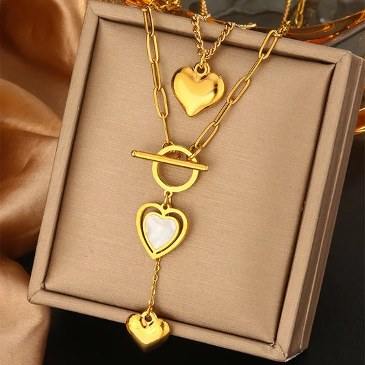 18K Gold Plated Heart Shape Lock Turquoise Rhinestones Layered Necklaces