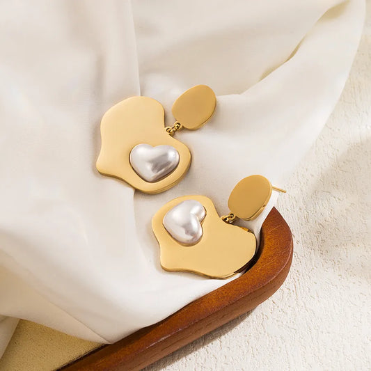 Heart Shape Irregular Plating Inlay Stainless Steel Artificial Pearls 18K Gold Plated Drop Earrings