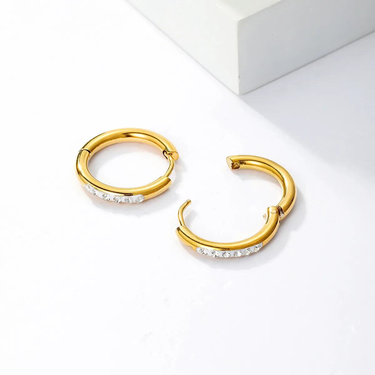 Cool Style Circle Plating Inlay Stainless Steel Rhinestones 18K Gold Plated Hoop Earrings